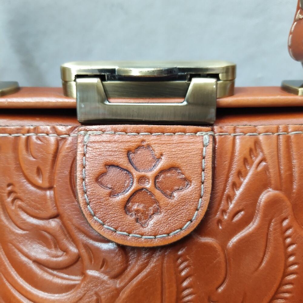 Patricia Nash Brown Leather Floral Pushlock Framed Closure Satchel Crossbody Bag - Picture 5 of 16